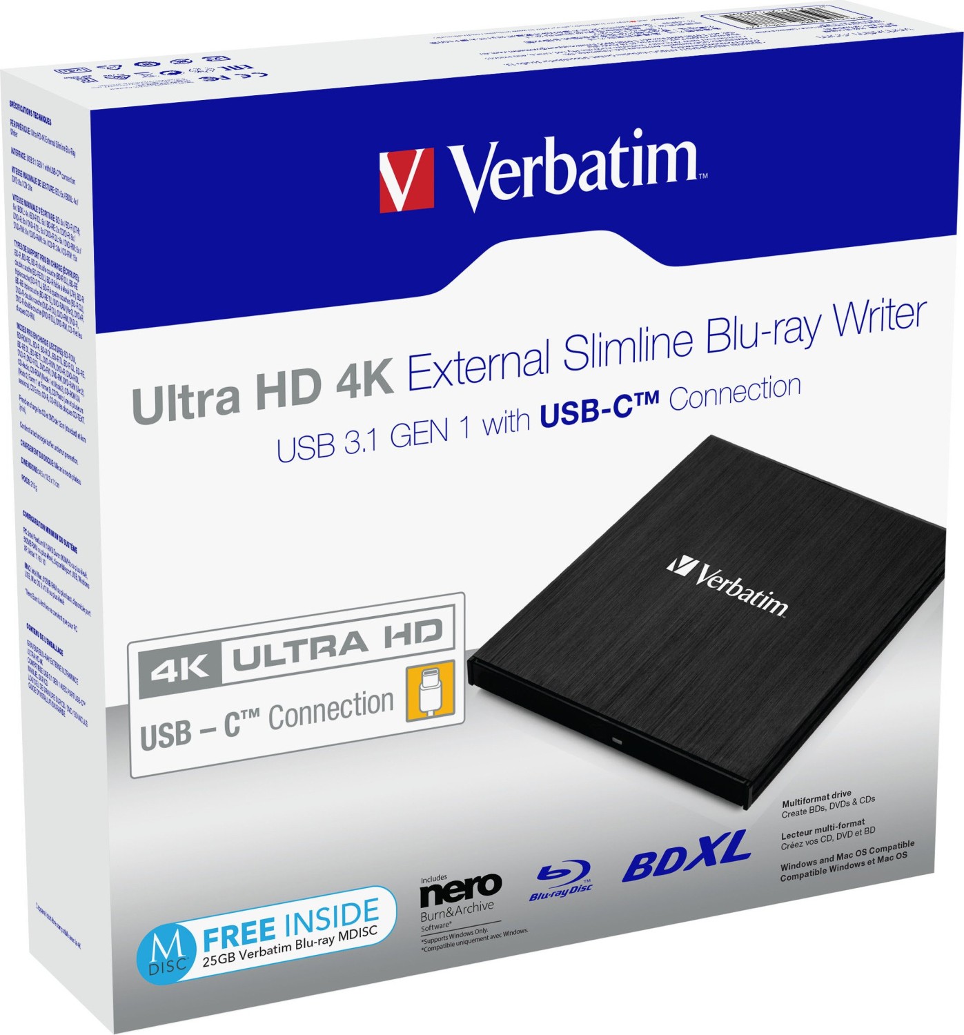 Verbatim Ultra HD 4K External Blu-ray Writer SlimLine, USB-C 3.0
