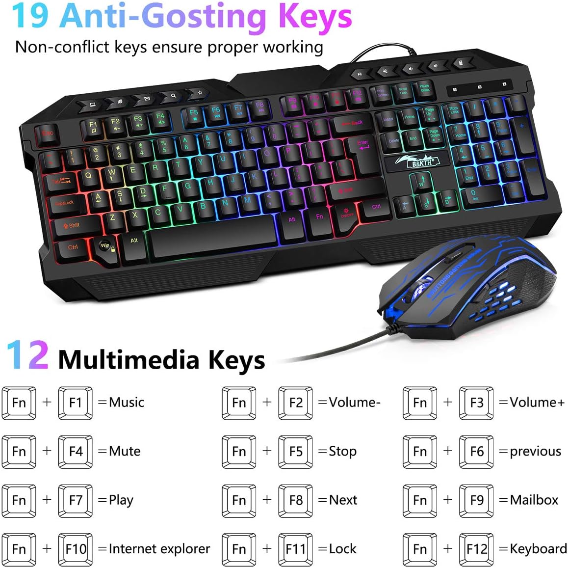 BAKTH Gaming Tastatur und Maus Set, LED Hintergrundbeleuchtung