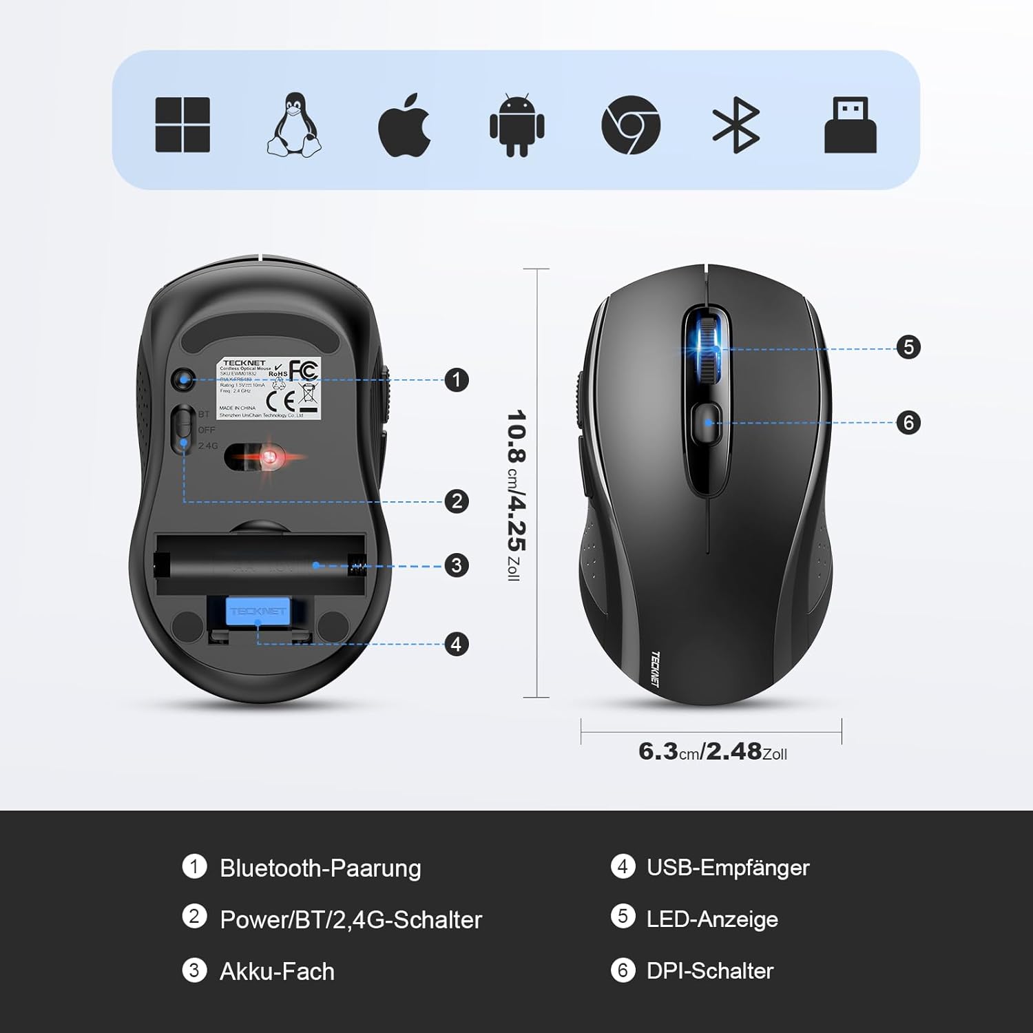 TECKNET Bluetooth Maus, 4000 DPI Maus Kabellos