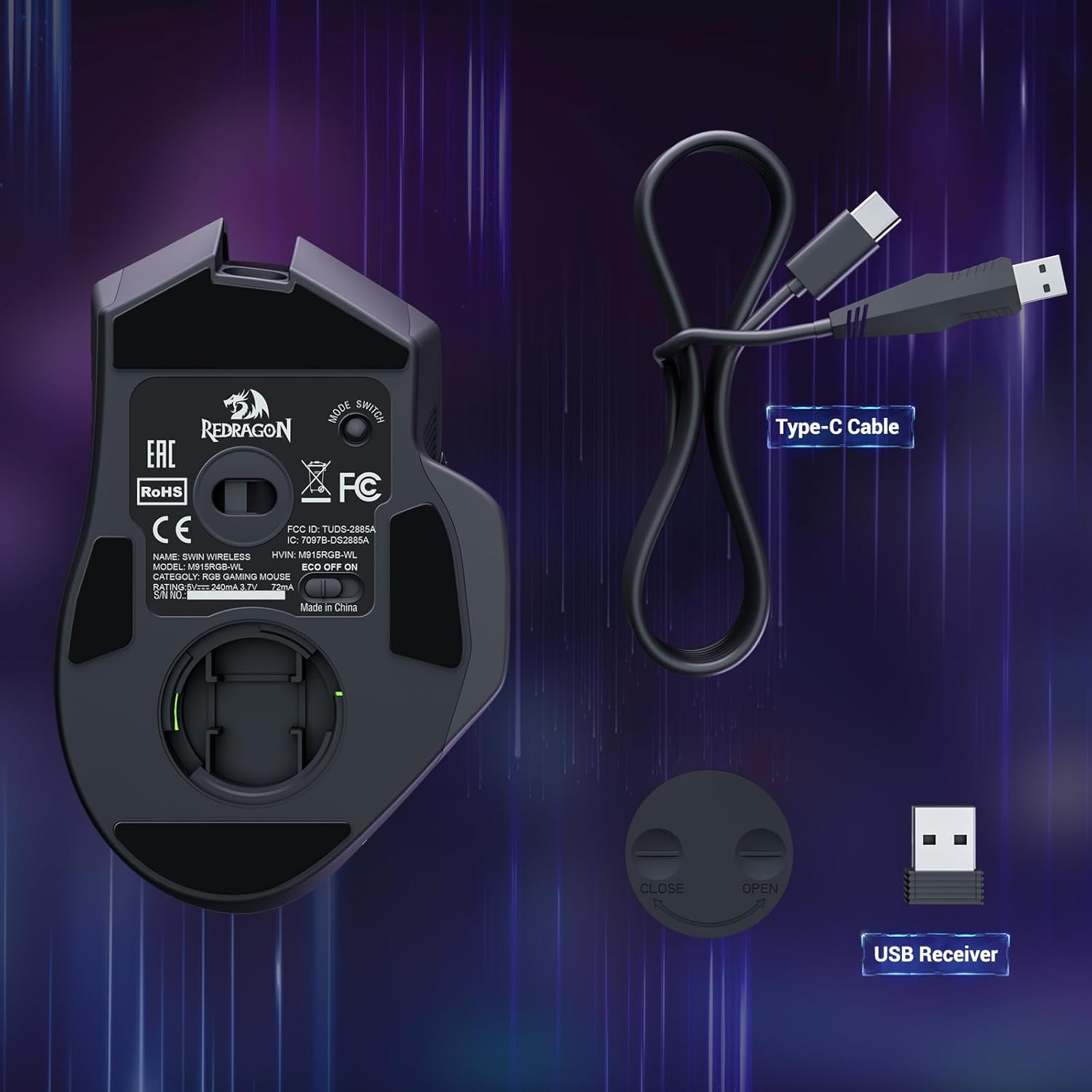 Redragon Gaming Maus Kabellose, 16000 DPI, 2.4G/USB-C